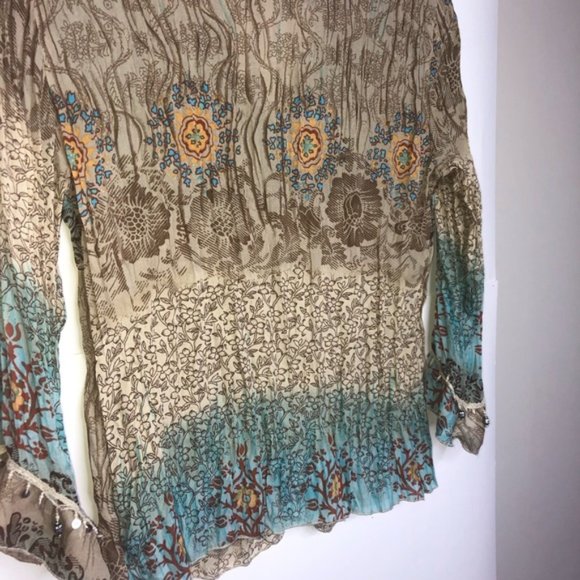 Dressbarn Boho Blouse Top M Button Up Embellished Long Sleeve Flare Cuff Multi - Picture 9 of 11